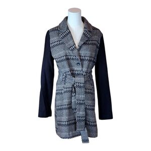 Tulle Black & White Geometric Belted Coat Tribal Print Wool Blend Size L